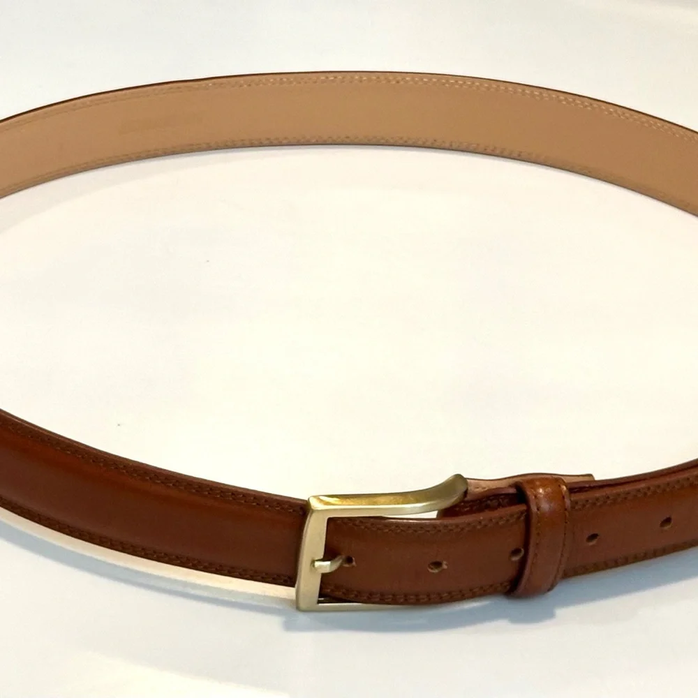 Lands' End Men's Tan Leather Belt with Gold Buckle